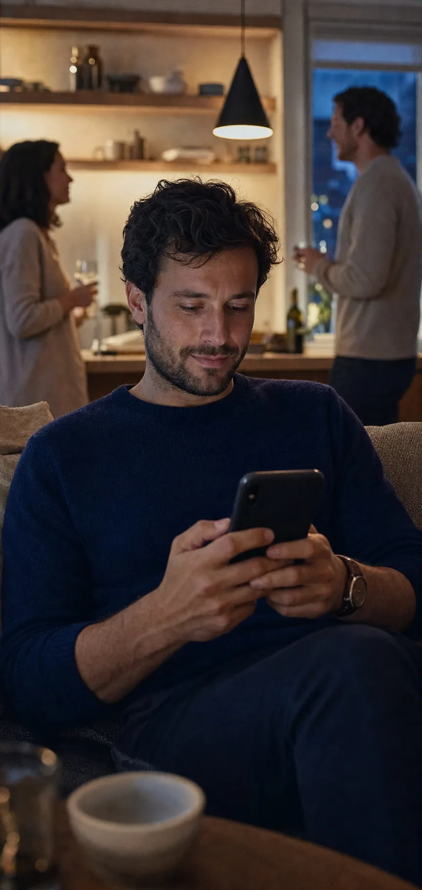 Man checking his phone while sitting with friends at home